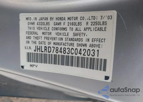 2003 Honda Cr-V Lx z USA, uszkodzony, nr VIN JHLRD78483C042031